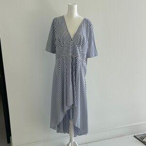 Aqua Blue and White Striped Hi-Low V-Neck Dress